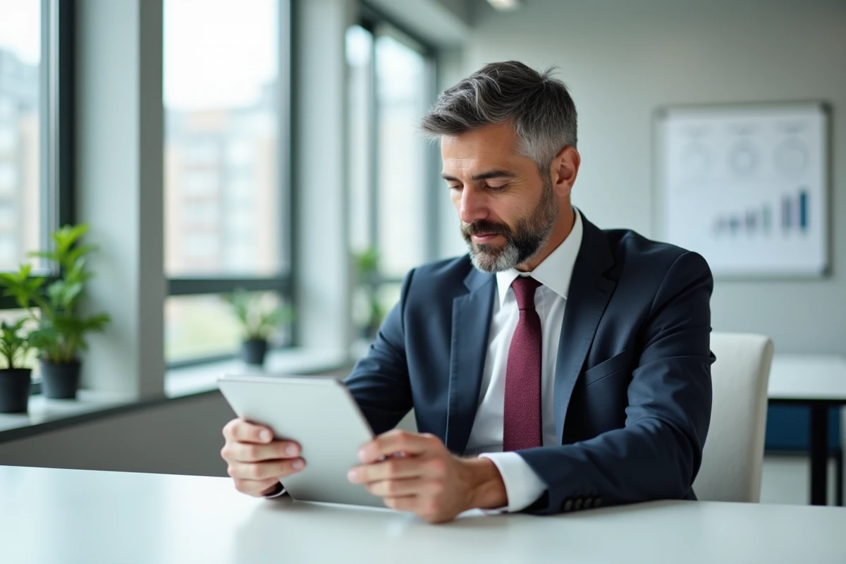 Manager consultant l'historique des pointages sur tablette tactile dans son bureau moderne