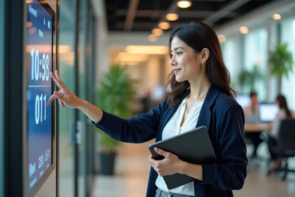 Femme employée utilisant un système de pointeuse horaire numérique à l'entrée d'un bureau moderne