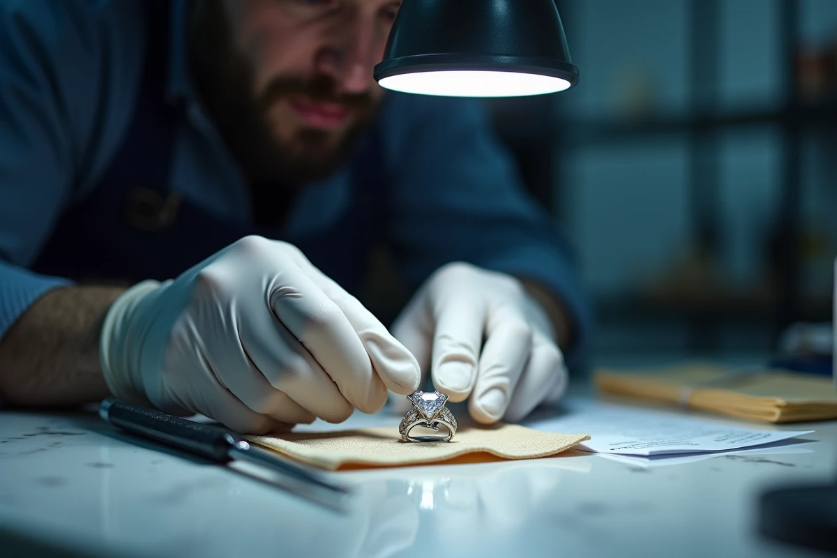 Un joaillier inspectant à la loupe une bague de fiançailles en platine lors du contrôle qualité et du polissage final