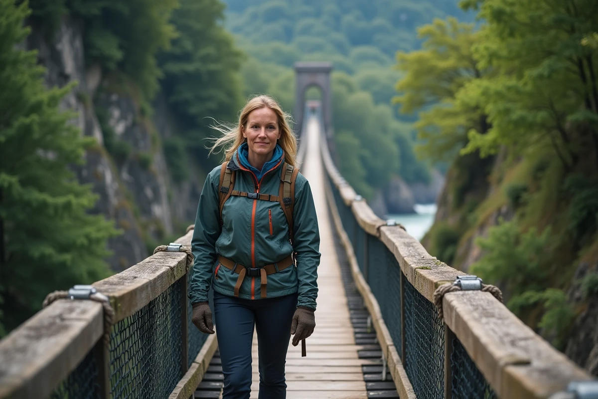 Randonneuse traversant un pont suspendu au-dessus d'un canyon en Ardèche