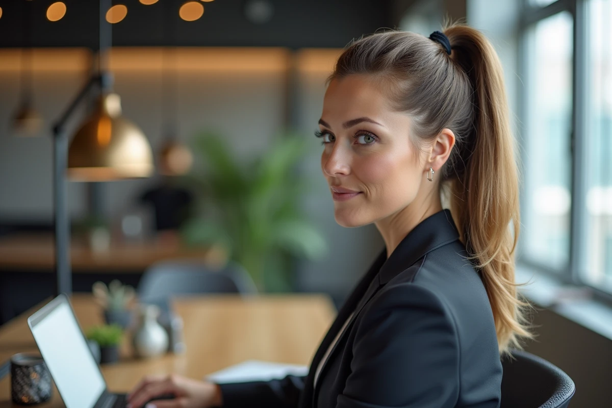 Femme d'affaires avec ponytail lift effet fraîcheur au bureau, coiffure tendance pour un look rajeuni