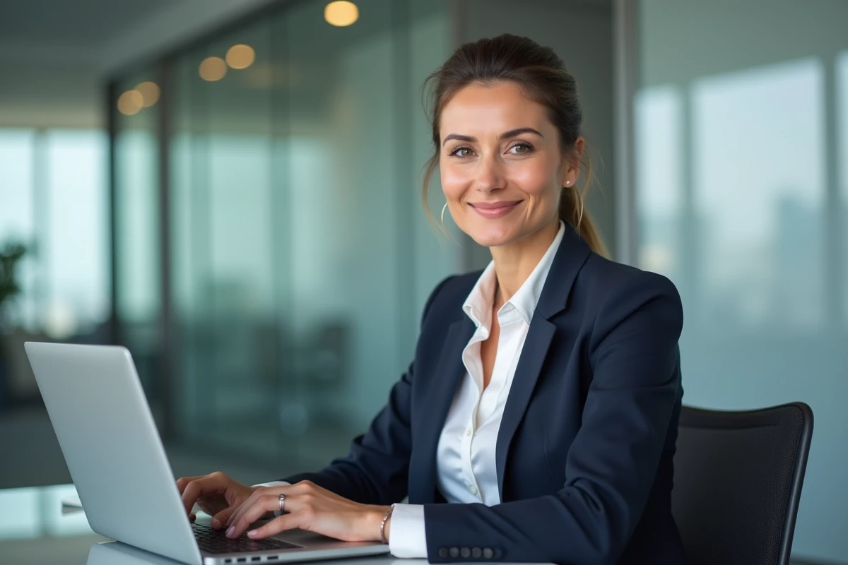 Femme cadre avec coiffure ponytail lift en environnement professionnel chic et lumineux