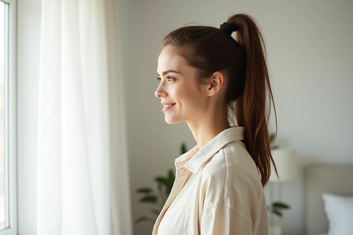 Jeune femme avec ponytail lift dans une chambre lumineuse, coiffure tendance pour un coup de frais rapide