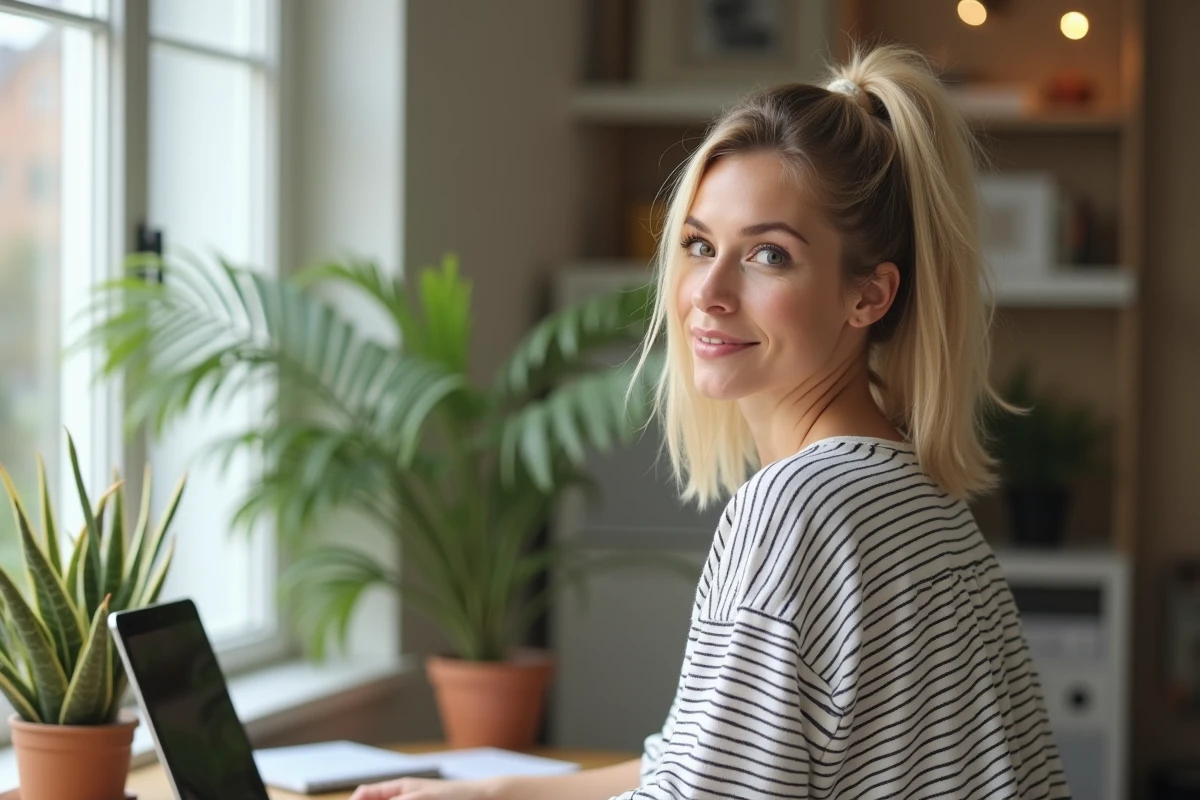femme blonde coiffée d'un ponytail lift dynamique dans un bureau contemporain, effet rajeunissant et léger