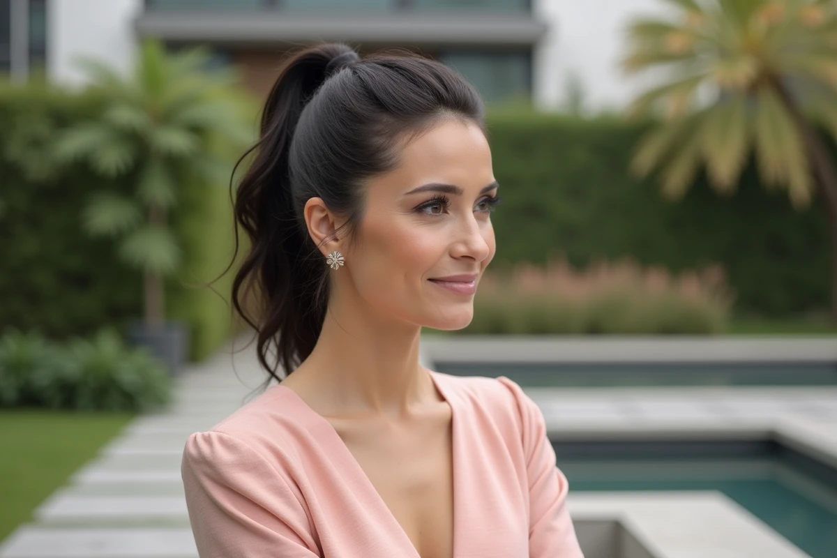 Femme élégante avec ponytail lift sophistiqué en robe rose poudré sur terrasse moderne, ambiance lifestyle aspirationnelle et fraîche