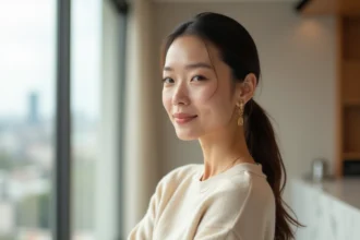 Femme portant une coiffure ponytail lift moderne dans un intérieur épuré avec fenêtres panoramiques