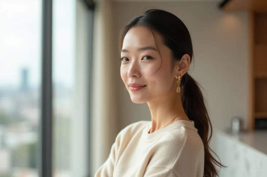 Femme portant une coiffure ponytail lift moderne dans un intérieur épuré avec fenêtres panoramiques