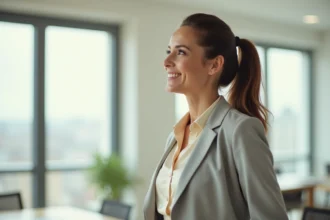 Portrait professionnel d'une femme avec un ponytail lift élégant en milieu de carrière, vêtue de blanc cassé et gris clair, souriante dans un bureau moderne et lumineux