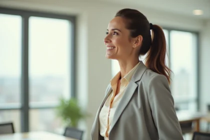 Portrait professionnel d'une femme avec un ponytail lift élégant en milieu de carrière, vêtue de blanc cassé et gris clair, souriante dans un bureau moderne et lumineux