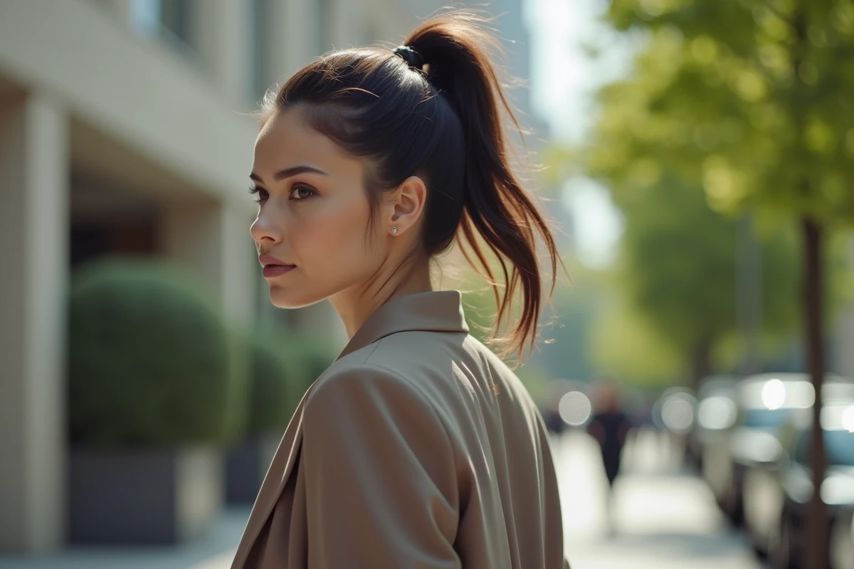femme mature avec ponytail lift élégant dans une rue urbaine, coiffure sophistiquée et rajeunissante
