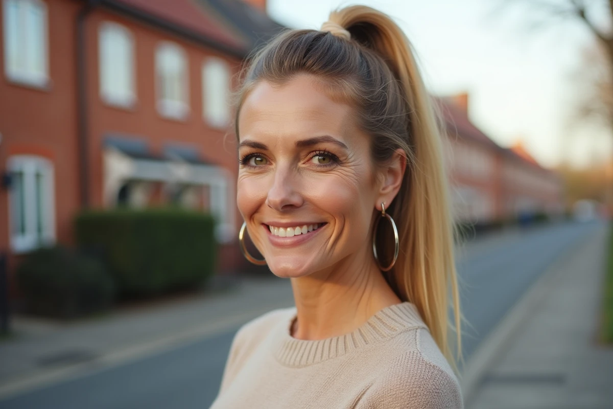 Coiffure ponytail lift chez femme mature dans cadre urbain résidentiel, rajeunissement instantané visible