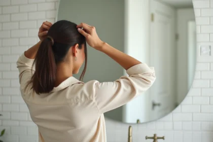 Femme souriante montrant son ponytail lift dans une salle de bain moderne, coiffure tendance effet coup de frais