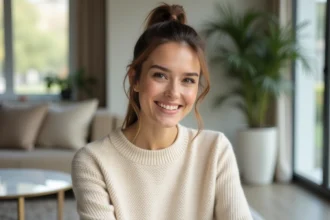 Femme élégante avec un ponytail lift tendance dans un salon moderne, cheveux relevés avec effet volume naturel