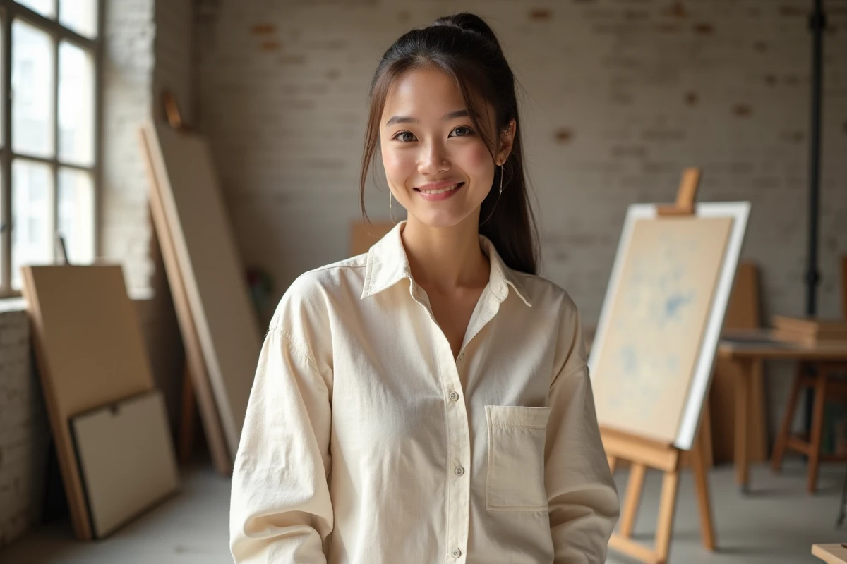 Jeune femme avec ponytail lift lumineux dans un studio d'artiste aux murs de brique