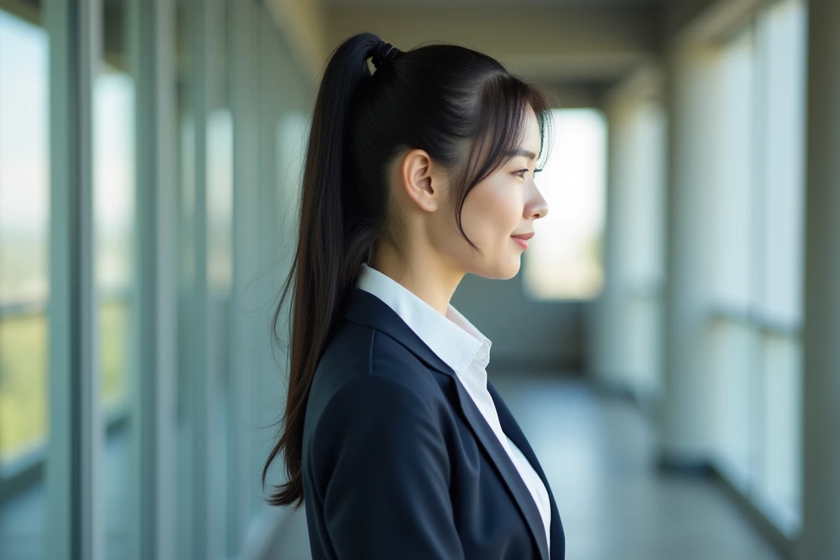 Femme en tenue professionnelle avec ponytail lift voluminé en environnement de bureau, effet rajeunissant immédiat