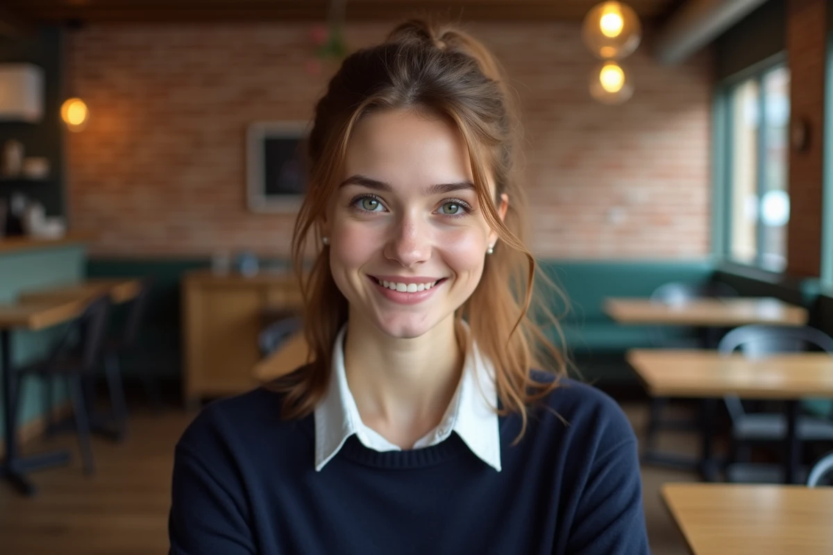 Jeune femme avec ponytail lift tendance dans un café chaleureux, portant un pull navy et chemise blanche, allure décontractée et fraîche