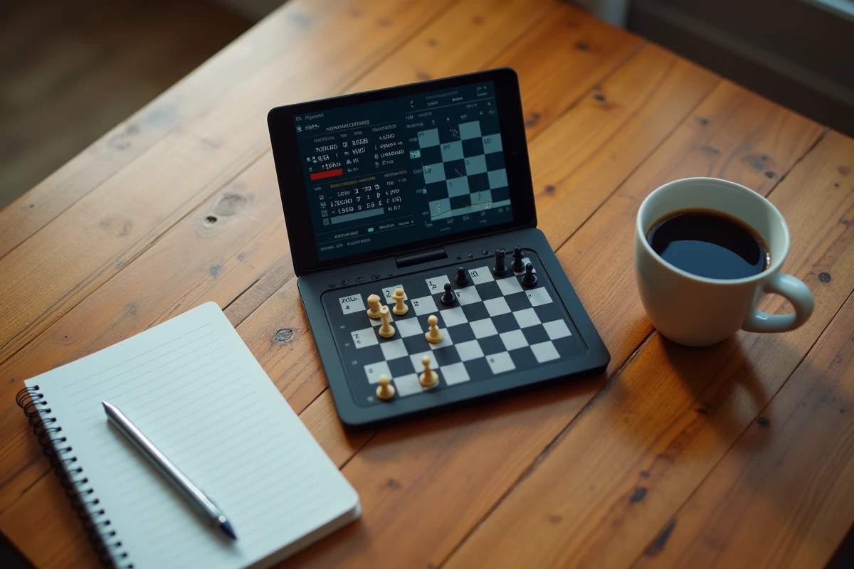 Ordinateur d'échecs électronique portable sur bureau avec affichage digital de l'analyse du jeu et carnet de notes