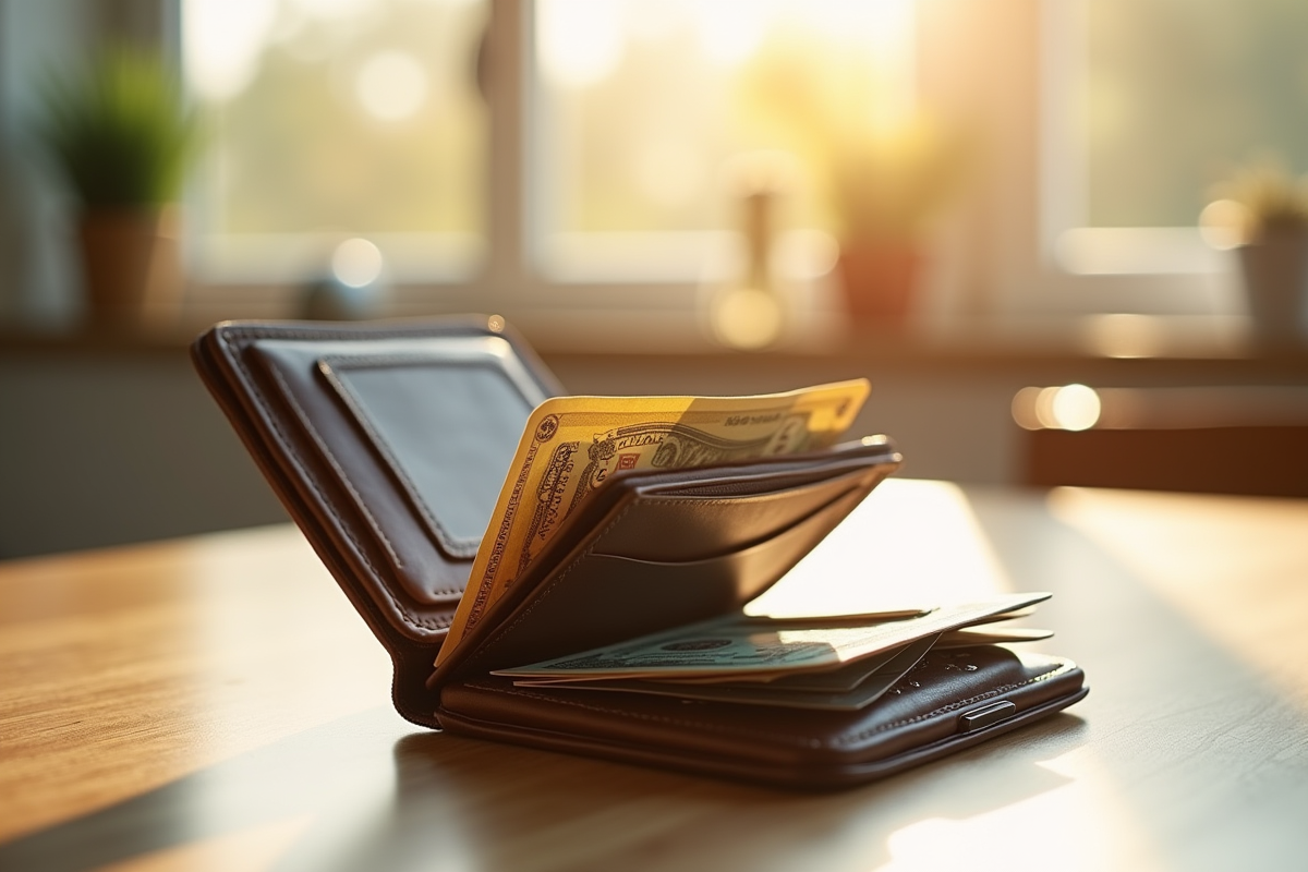 Portefeuille ouvert avec argent et cartes sur une table lumineuse