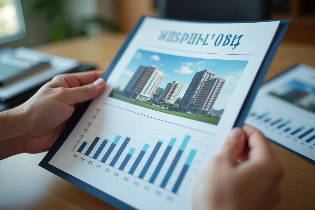 Mains tenant un portefeuille immobilier avec des documents de propriétés et données financières