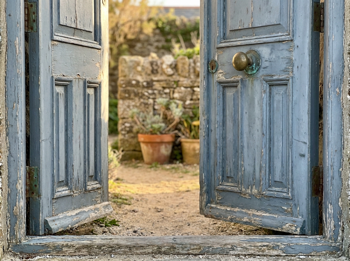 Portes d'entrée en bois bleu-gris patiné d'une maison de famille à Saint-Malo, détails authentiques de l'architecture bretonne côtière
