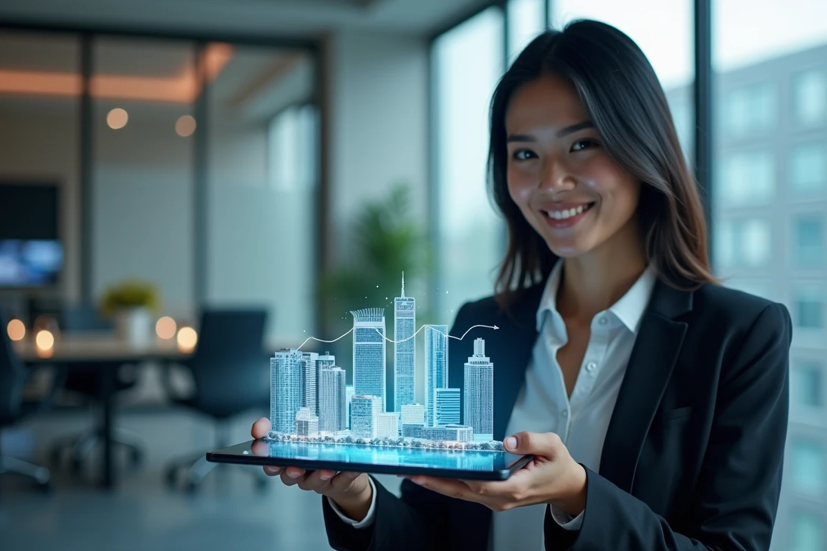 Portfolio numérique de biens immobiliers variés affiché sur une tablette avec graphiques de performance