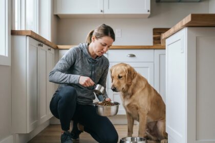 femme mesurant les portions de croquettes pour son chien stérilisé dans une cuisine moderne
