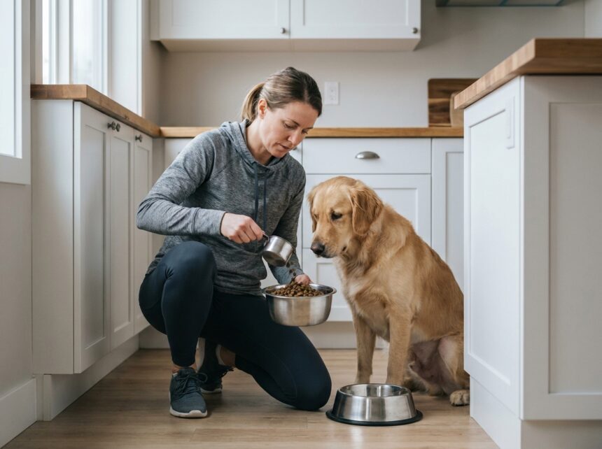femme mesurant les portions de croquettes pour son chien stérilisé dans une cuisine moderne
