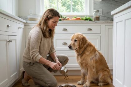femme adulte pesant les croquettes pour un chien stérilisé dans une cuisine moderne, démontrant la portion correcte pour éviter la prise de poids