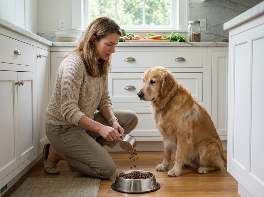 femme adulte pesant les croquettes pour un chien stérilisé dans une cuisine moderne, démontrant la portion correcte pour éviter la prise de poids
