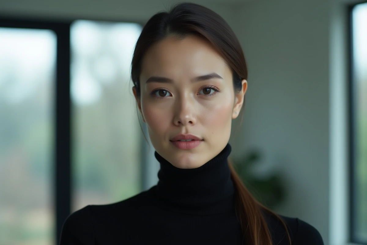 Portrait frontal de femme illustrant l'harmonie faciale et le rôle central du menton dans l'équilibre des traits