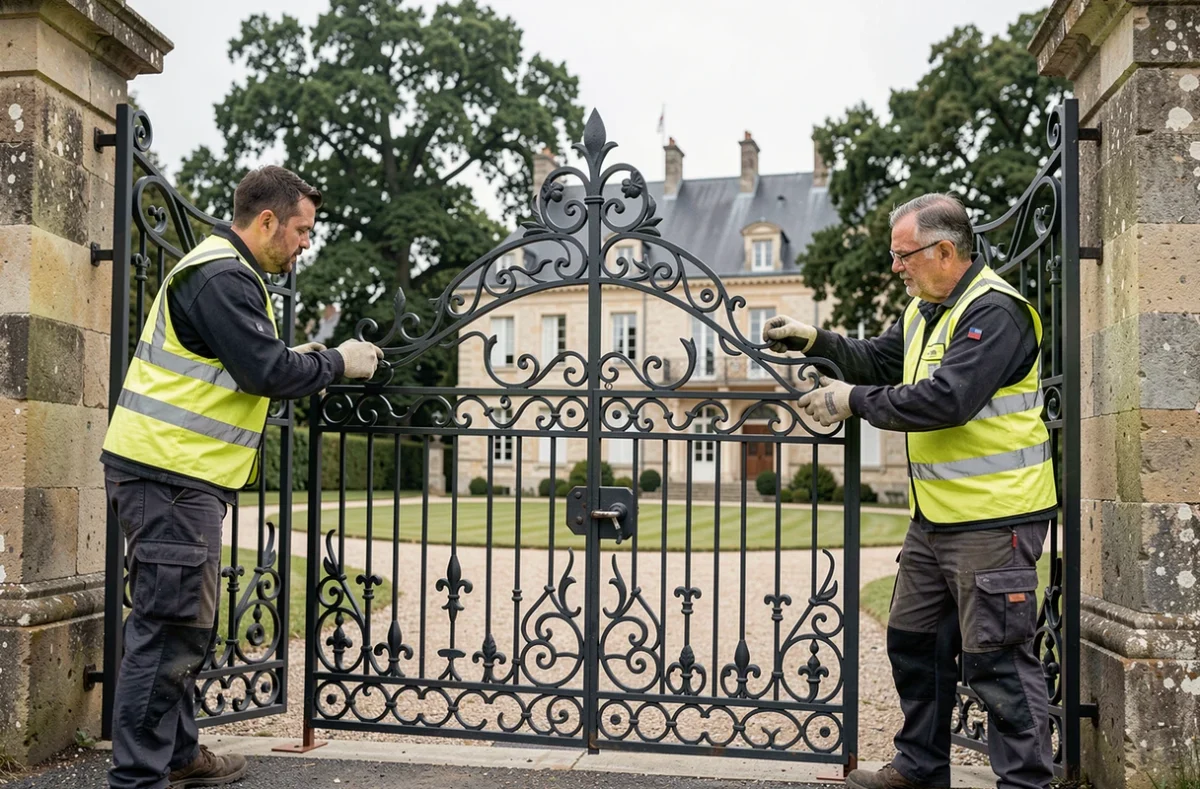 Pose d'un portail en fer forgé ouvragé par deux ferronniers professionnels devant une demeure en pierre dans les Yvelines