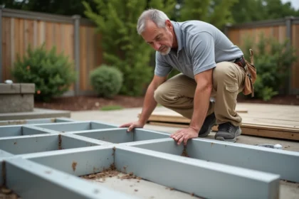 Poseur professionnel installant une structure en aluminium sous une terrasse composite dans un jardin résidentiel