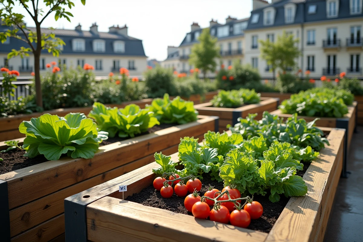 vue aérienne d'un potager carré sur terrasse urbaine avec plusieurs légumes et plantes
