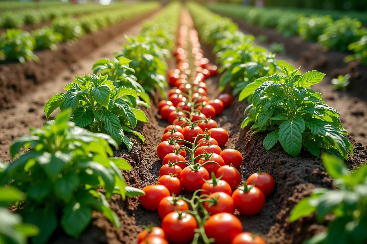 Vue aérienne d'un potager avec rangées de plants de tomates bien alignés