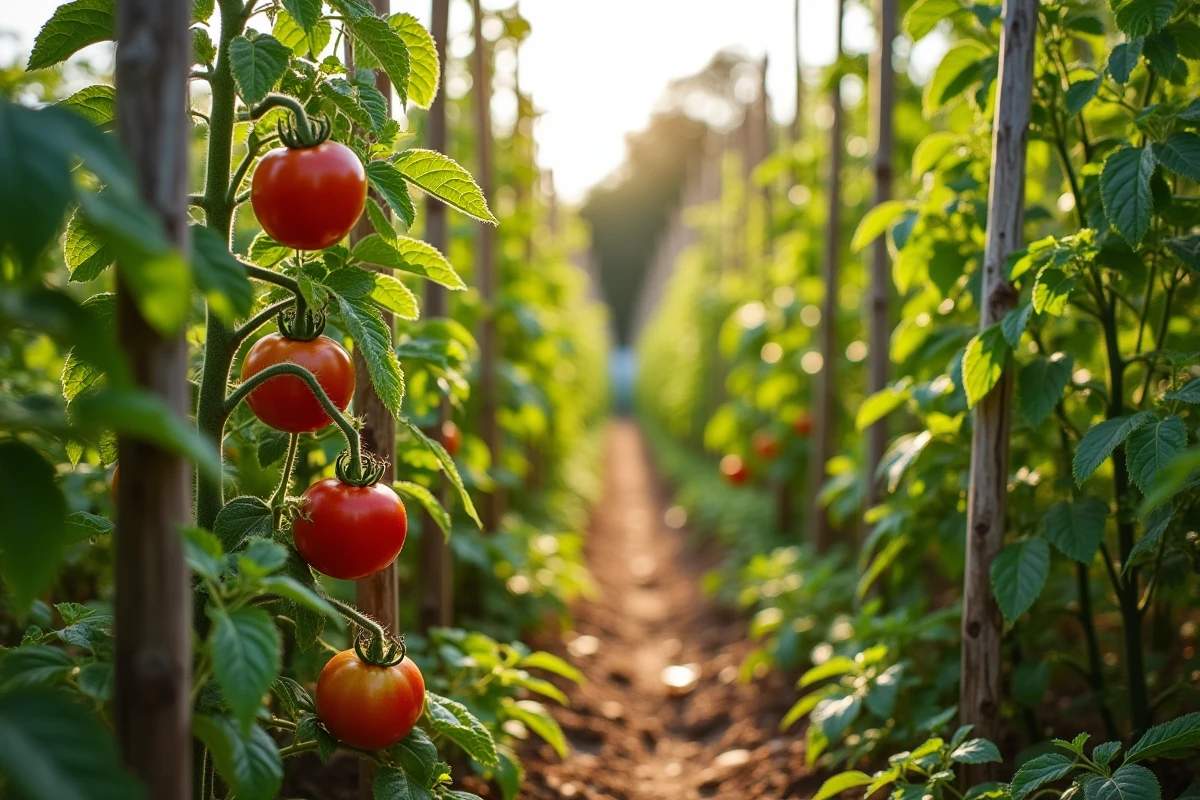Rangée de plants de tomates tuteurés dans un potager en été