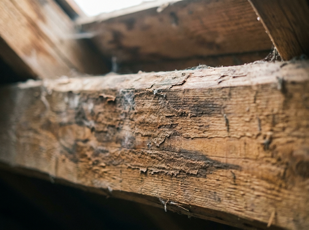 Détail de dégâts fongiques et pourriture du bois sur poutre de charpente, signes précoces de détérioration structurelle nécessitant traitement
