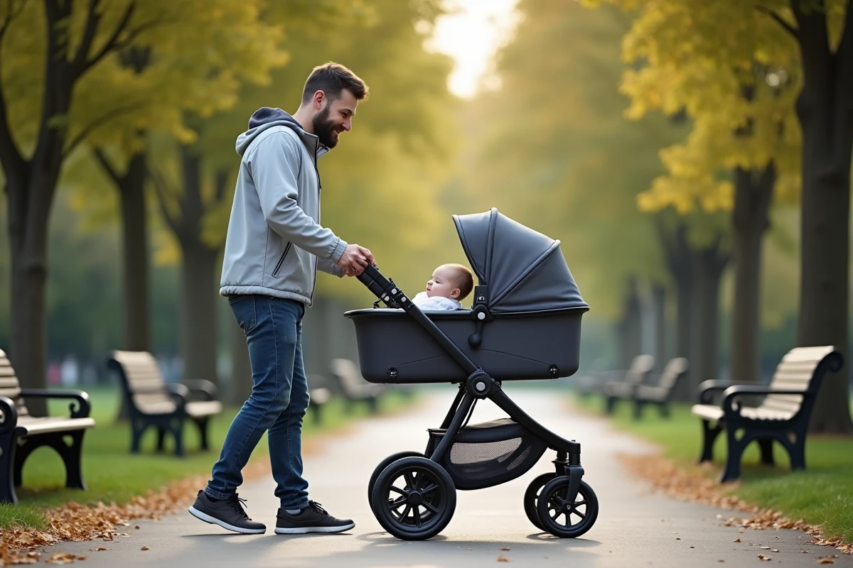Père poussant un modèle classique de poussette spacieuse dans un parc urbain, illustrant le confort et la stabilité offerts par une poussette traditionnelle pleine grandeur
