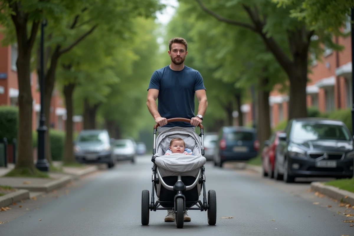 Père avec poussette classique grande roue pram rue résidentielle, bébé nourrisson, arbres urbains, architecture maisons modernes
