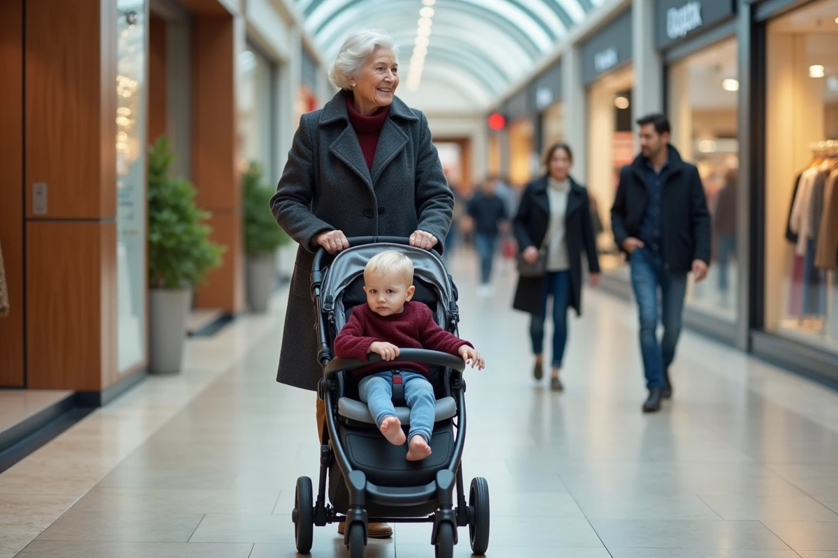 Grand-mère poussette compacte centre commercial enfant, galerie marchande, stroller pliable, shopping en ville avec bébé