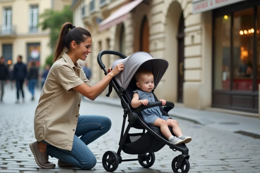 Mère avec poussette compacte pliable en centre-ville, rue pavée parisienne, bébé en toddler, architecture classique arrière-plan