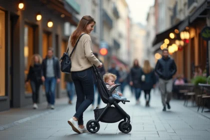 Mère avec bébé en poussette compacte traversant une rue piétonne animée en ville, démontrant la maniabilité d'un modèle compact dans un environnement urbain densément peuplé