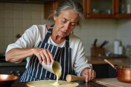 Femme bretonne traditionnelle versant la pâte à crêpe sur une galette breçaise chaude dans une cuisine authentique