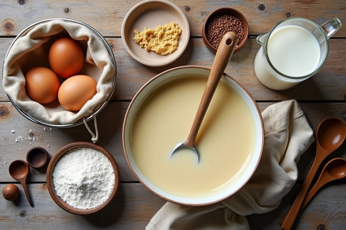 Photographie aérienne des ingrédients traditionnels pour crêpes bretonnes avec pâte, œufs, lait et farine sur plan de travail en bois
