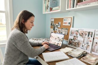 Femme préparant sa décoration de mariage en ligne sur son ordinateur portable avec des échantillons de tissus et un budget écrit