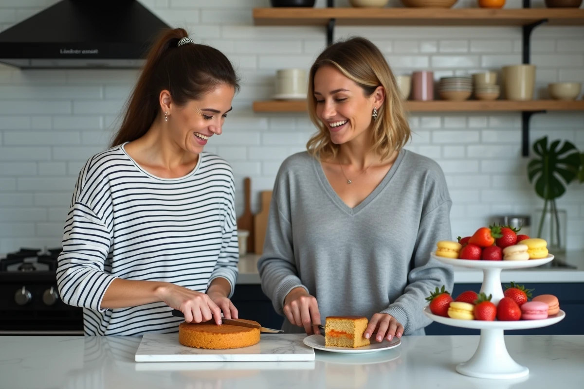 Deux femmes préparant un goûter élaboré avec macarons, fraises et cake maison dans une cuisine parisienne moderne