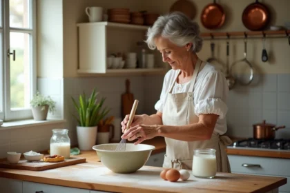 Femme bretonne préparant la pâte à crêpes bretonnes dans une cuisine traditionnelle avec ustensiles en cuivre