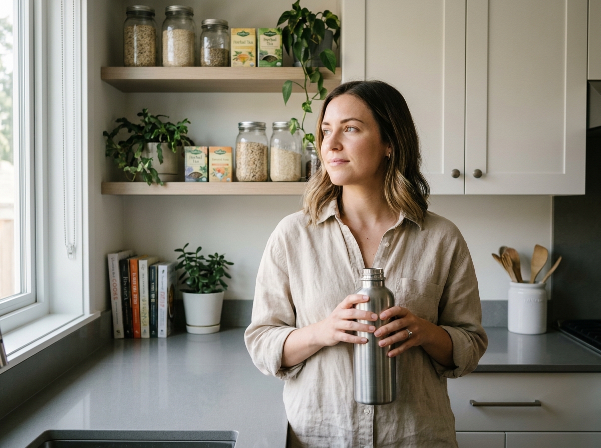femme confiante dans sa cuisine avec des produits naturels pour soutenir son sevrage du cannabis et son bien-être