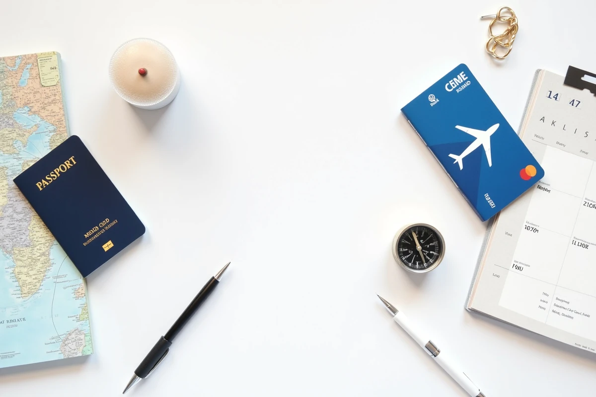 Préparatifs de voyage avec passeport, carte bancaire et billet d'avion sur fond blanc