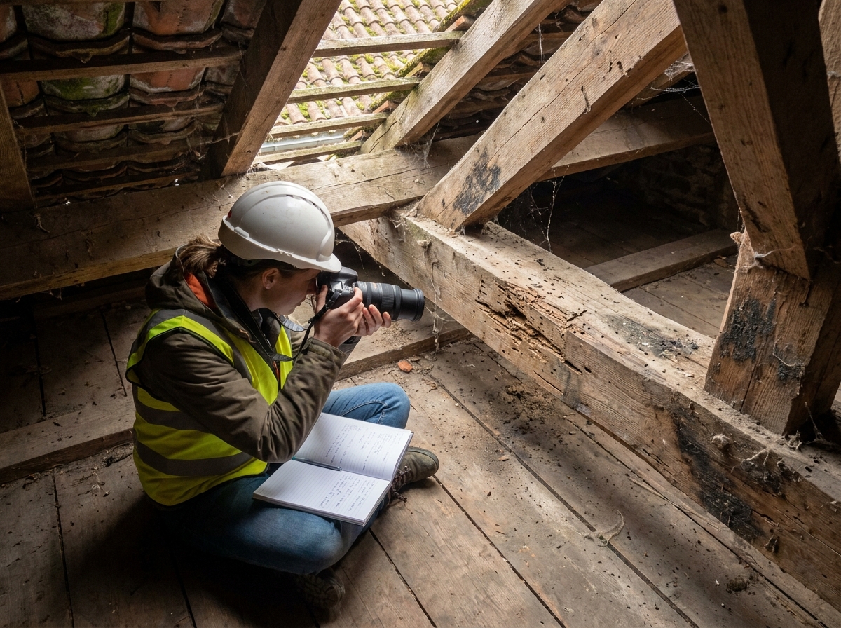 Experte en traitement de charpente à Nantes documentant l'infestation de termites et les dégâts du bois avant dégradation majeure