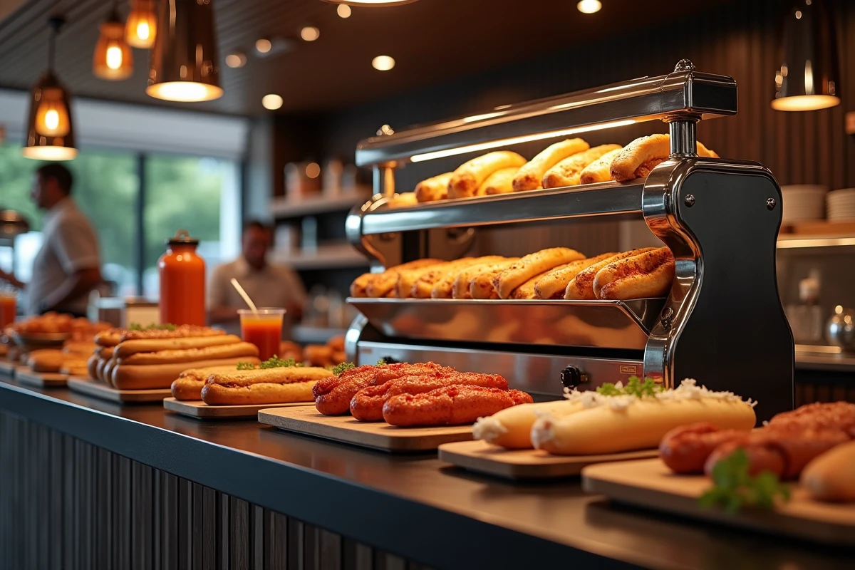 Installation professionnelle de catering avec machine à hot dog moderne et condiments variés